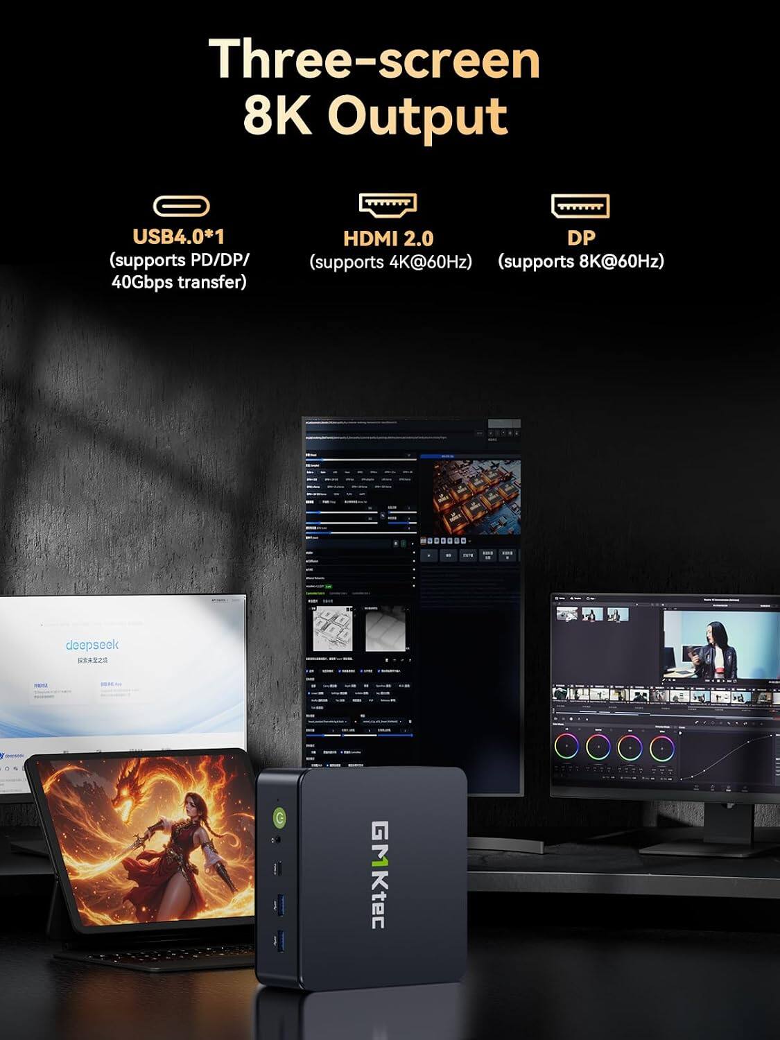 Three-screen 8K Output

USB4.0*1 (supports PD/DP/ 40Gbps transfer)
HDMI 2.0 (supports 4K@60Hz)
DP (supports 8K@60Hz)

BY
deepseek 2
FOOTLE

GMKtec