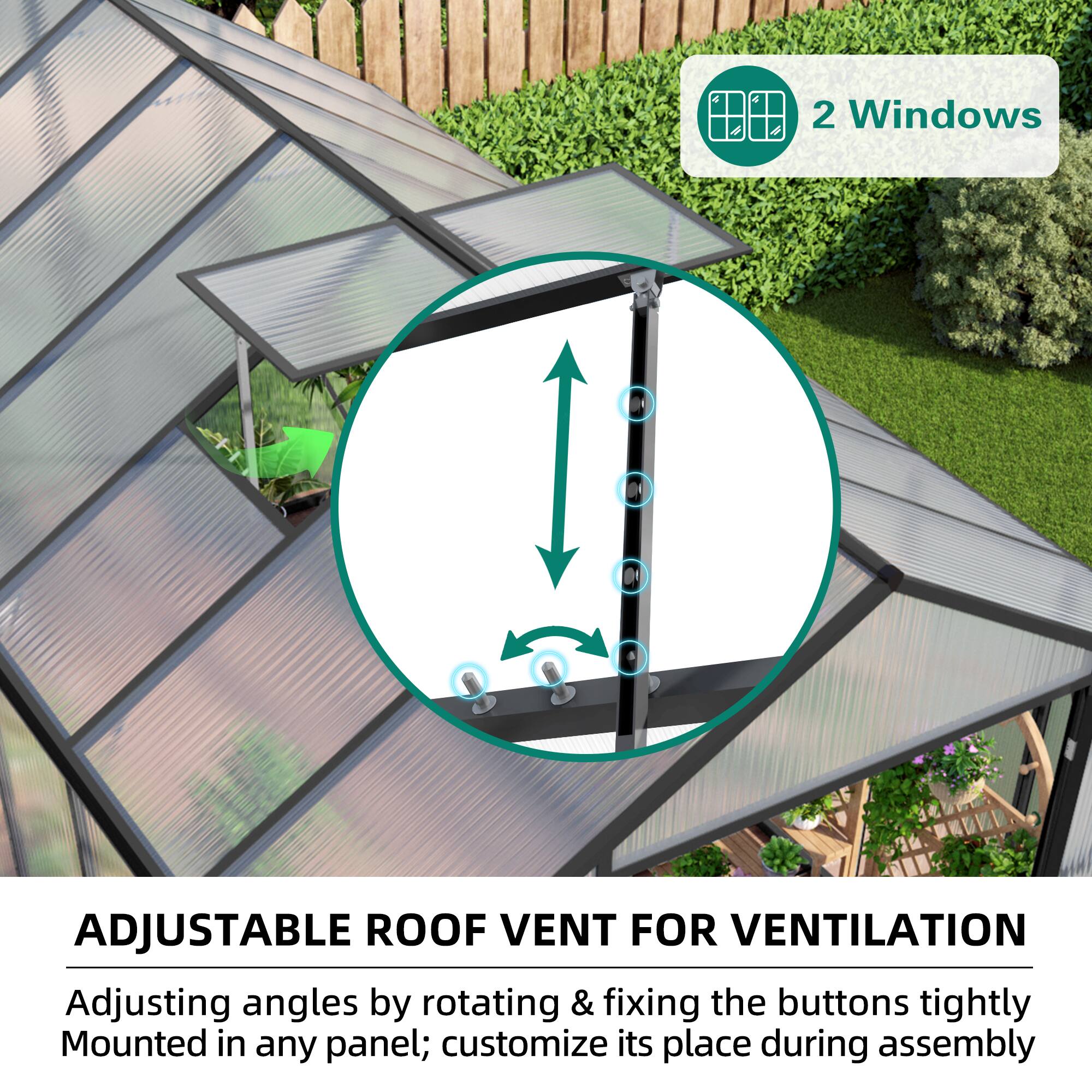 2 Windows Adjustable Roof Vent for Ventilation  
Adjusting angles by rotating & fixing the buttons tightly  
Mounted in any panel; customize its place during assembly