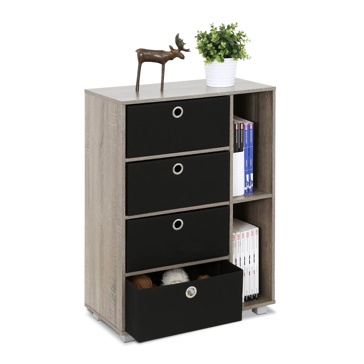 Alt View 3. Furinno - Andrey Multipurpose Storage Cabinet with Bin Drawers - French Oak/Black.