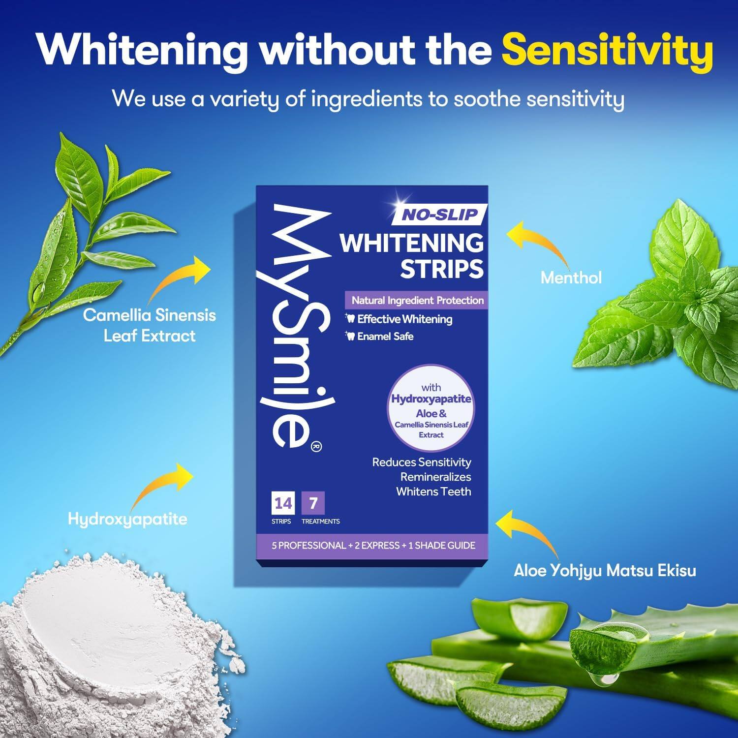 Whitening without the Sensitivity
We use a variety of ingredients to soothe sensitivity
NO-SLIP WHITENING STRIPS
Menthol
Natural Ingredient Protection
Camellia Sinensis
Effective Whitening
Leaf Extract
MySmile
Enamel Safe
Hydroxyapatite
Reduces Sensitivity
Remineralizes
Whitens Teeth
14 STRIPS
7 TREATMENTS
5 PROFESSIONAL + 2 EXPRESS + 1 SHADE GUIDE
Aloe Yohjyu Matsu Ekisu