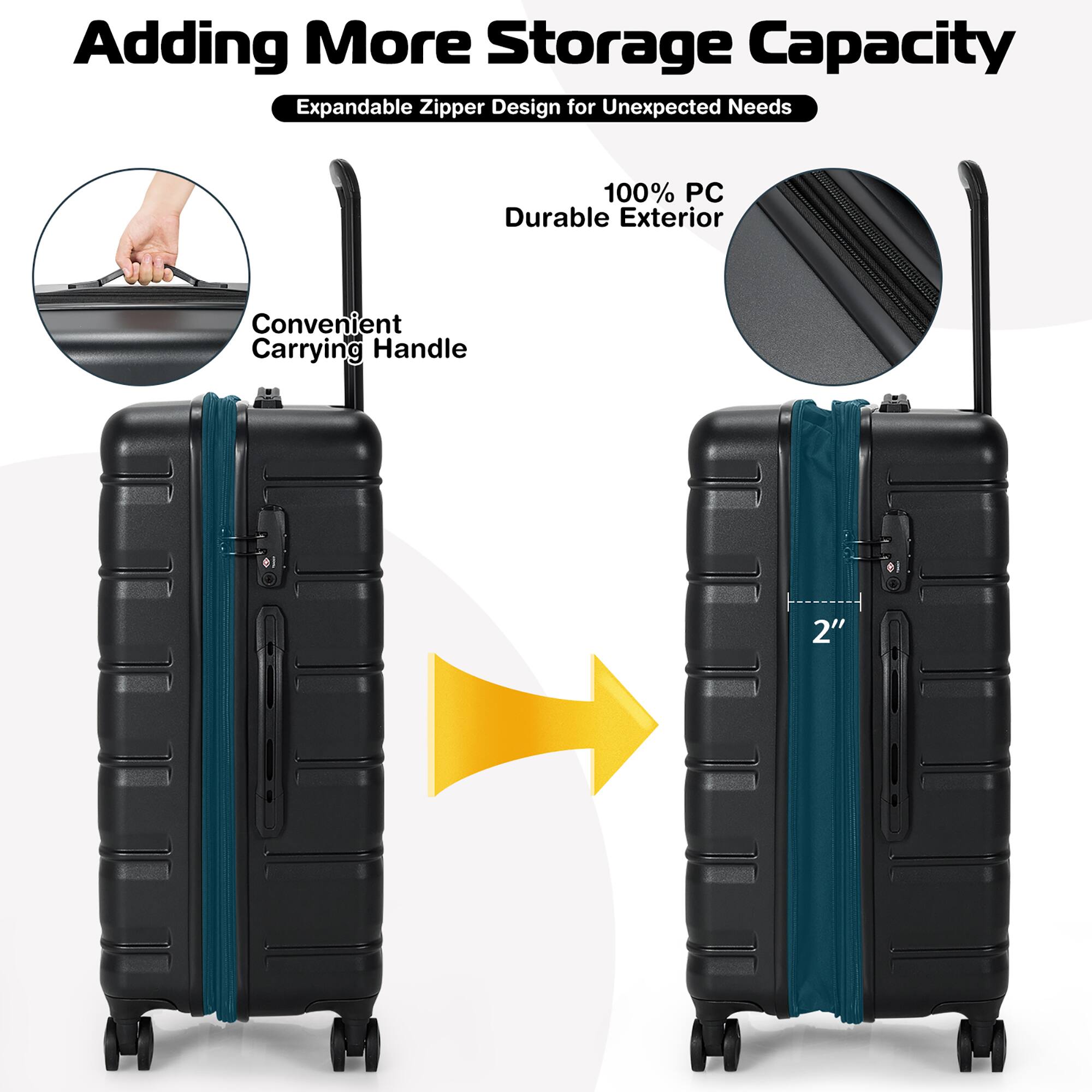 Adding More Storage Capacity  
Expandable Zipper Design for Unexpected Needs  

100% PC Durable Exterior  
Convenient Carrying Handle  

2"