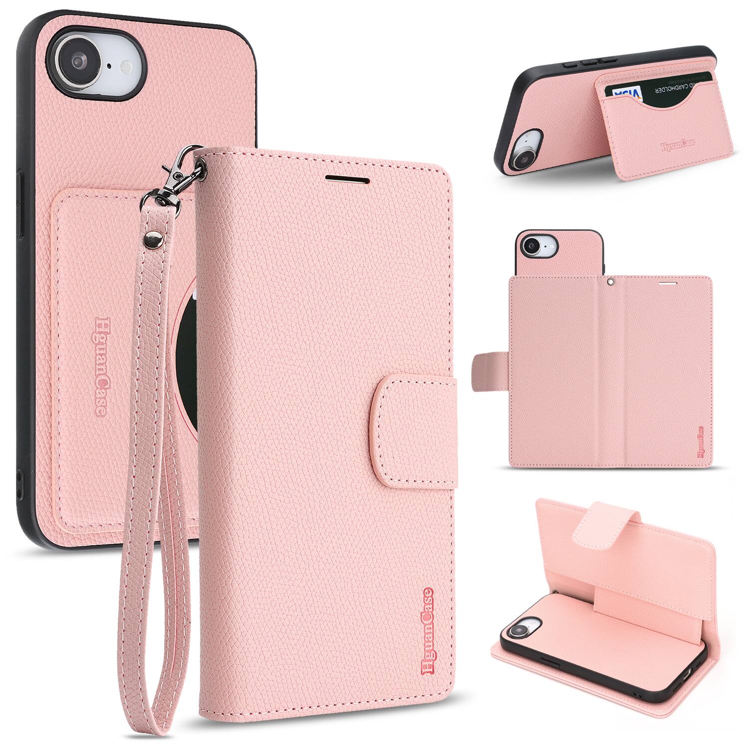 Dteck - 2-in-1 Detachable Wallet Case for Apple iPhone 17e, RFID Faux Leather Shockproof Kickstand Cover with Wrist Strap - Pink