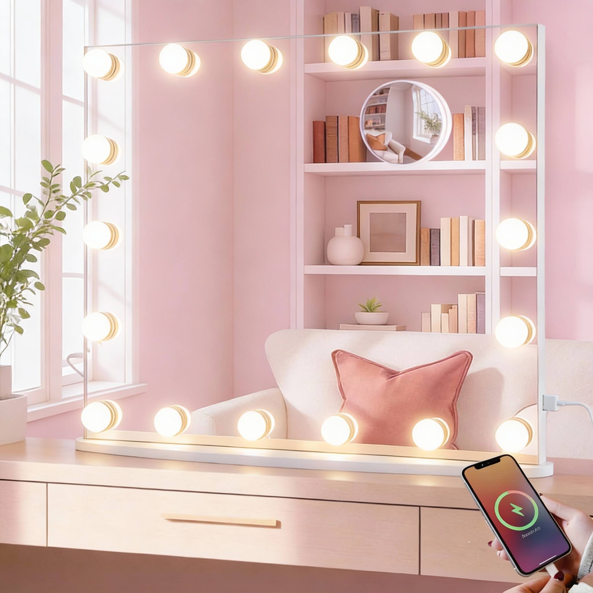 Back. PO3TICJUNKI3 - 23.6" Lighted Vanity Mirror, 18 LED Bulbs, 3 Color Modes, USB Port, Wall/Table Mount - Gold 23.6"L x 20.5"W.