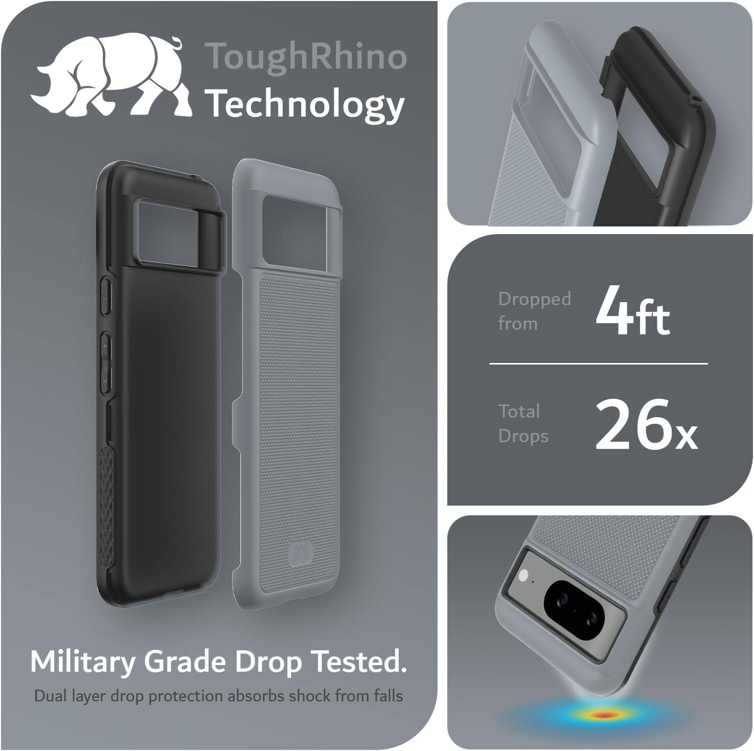 ToughRhino Technology

Dropped from 4ft  
Total Drops 26x

Military Grade Drop Tested.  
Dual layer drop protection absorbs shock from falls
