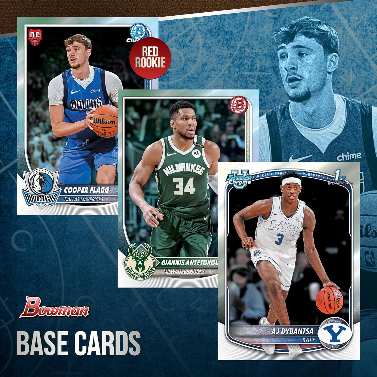RC (B) Chr RED ROOKIE chime DALLAS Wilson C B COOPER FLAGG INAUERICHS DALLAS MAVERICKS AA MILWAUKEE 34 OSPECIS PROS a Chrome chime PROSPECTS 1ST CEMA GIANNIS ANTETOKOU BILYBLLE BUEKS MILWAUKEE BUCKS Bowman BASE CARDS BYU 3 E ESTLATION LEson AJ DYBANTSA Y BYU ils 2