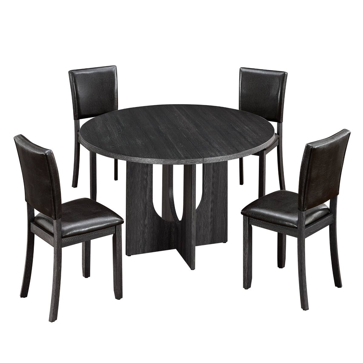 Alt View 7. Loheer - Loheer 5-Piece Round Dining Table Set for 4, 47.3-Inch Modern Kitchen Set with PU Leather Chairs - Antique black table with dark brown PU chairs.