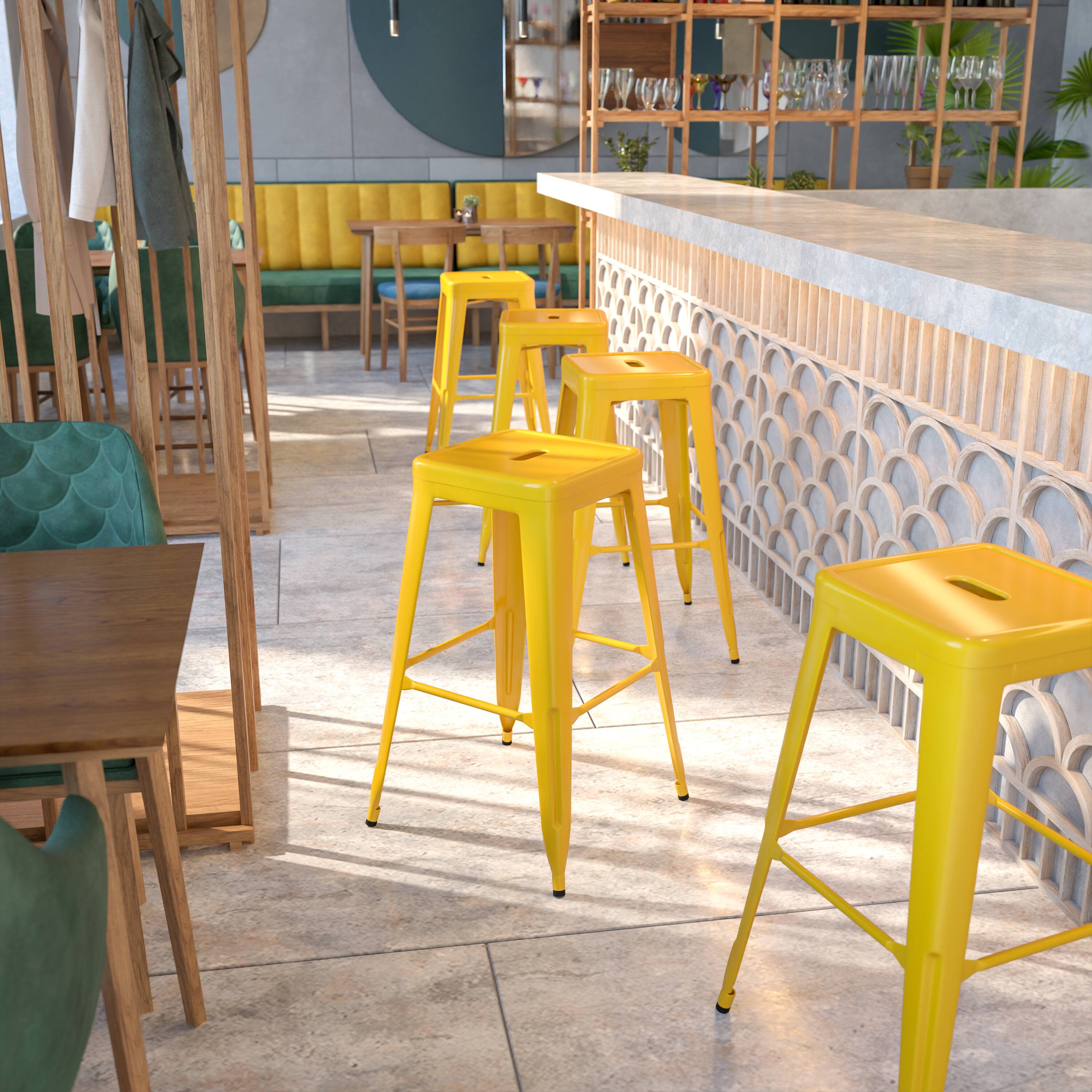 Angle. Flash Furniture - Kai Commercial Grade 30" High Backless Yellow Metal Indoor-Outdoor Barstool with Square Seat - Yellow.