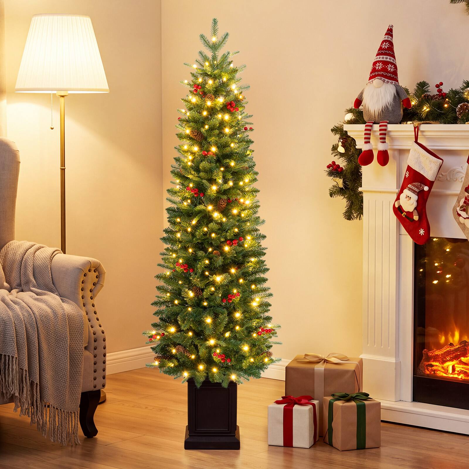 Alt View 1. Costway - Costway 2 PCS 4 FT Artificial Xmas Tree with 529 Full Branch Tips, 15 Pine Cones, 150 LED Lights - Green.