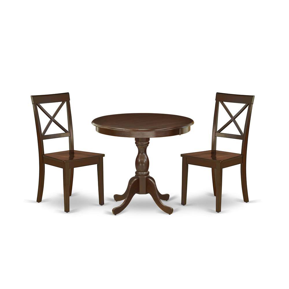 Alt View 2. East West Furniture - AMBO3-MAH-W 3 Pc Dining Room Set - 1 Round Pedestal Table and 2 Mahogany Dinning Chairs - Mahogany Finish - Mahogany.