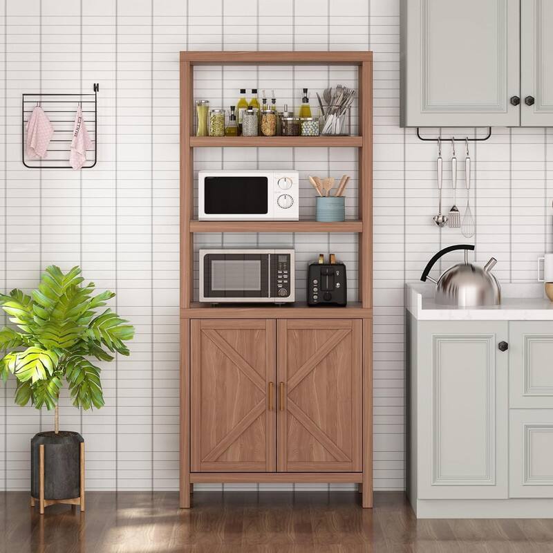 Back. GARVEE - 71" Tall Bookshelf w/ Adjustable Shelves & Cabinet Doors,Wooden Storage Bookcase for Living Room or Office Organization - Oak.