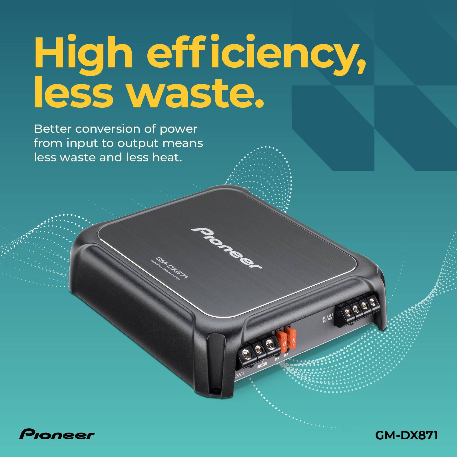 High efficiency, less waste, and less heat. Better conversion of input power to output power means less waste and less heat. (Pioneer GM-DX871 Alpine).