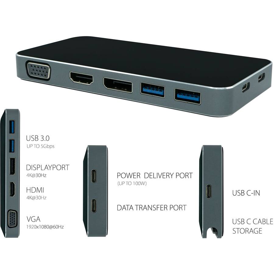 USB 3.0  
UP TO 5Gbps  

DISPLAYPORT  
4K@30Hz  

HDMI  
4K@30Hz  

VGA  
1920x1080@60Hz  

POWER DELIVERY PORT  
(UP TO 100W)  

DATA TRANSFER PORT  

USB C-IN  

USB C CABLE STORAGE