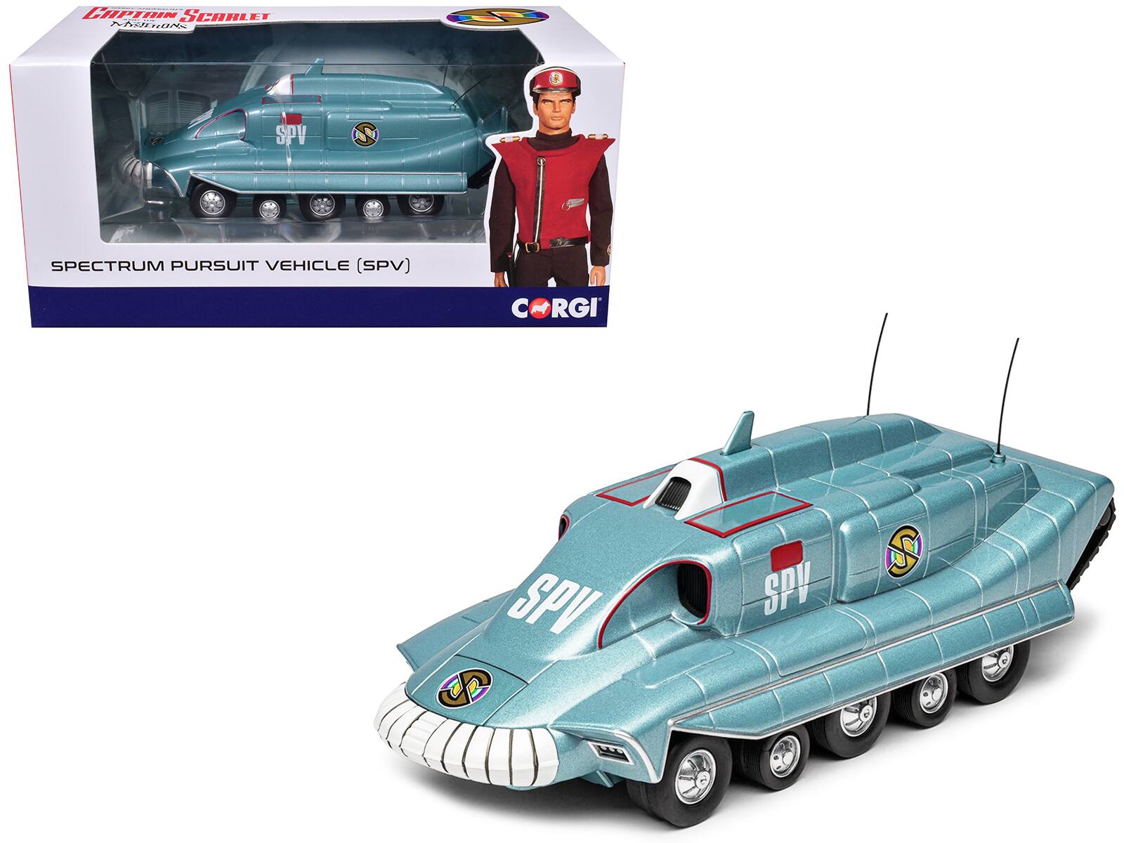Sure, here is the corrected and grouped text from the image:
---
**CAPTAIN SCARLET**
**MARK 1**
**SPECTRUM PURSUIT VEHICLE (SPV)**
**RGI SPV B**
**SPI**
**C&RGI**
---
This text is taken from the packaging and the vehicle itself.