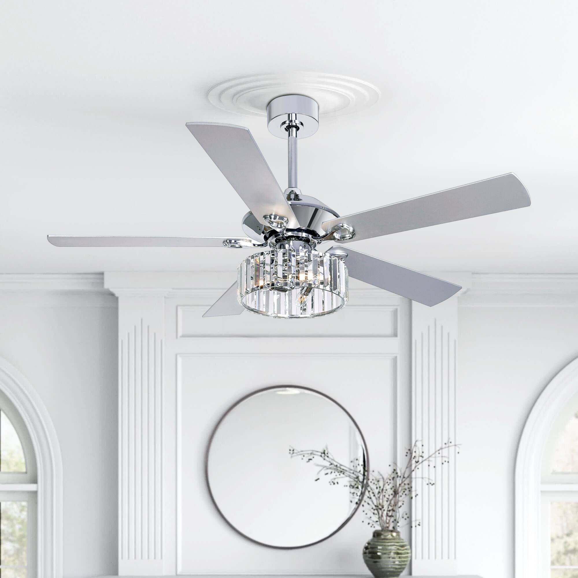 Back. Breezary - 52" Indoor Chandelier Ceiling Fan with Silver Blades & Crystal E12 Triple Light - Remote Included (5-Blade) - Chrome.