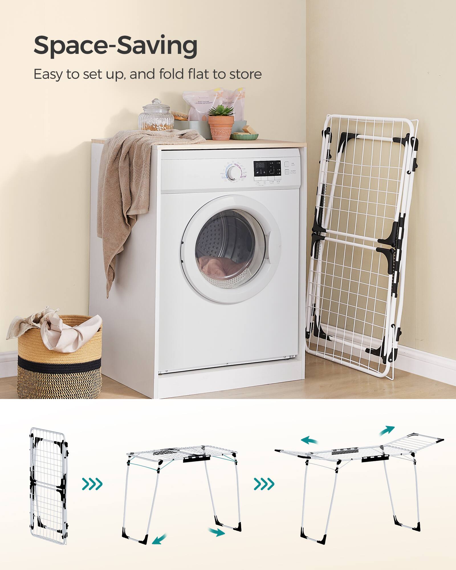 Space-Saving  
Easy to set up, and fold flat to store