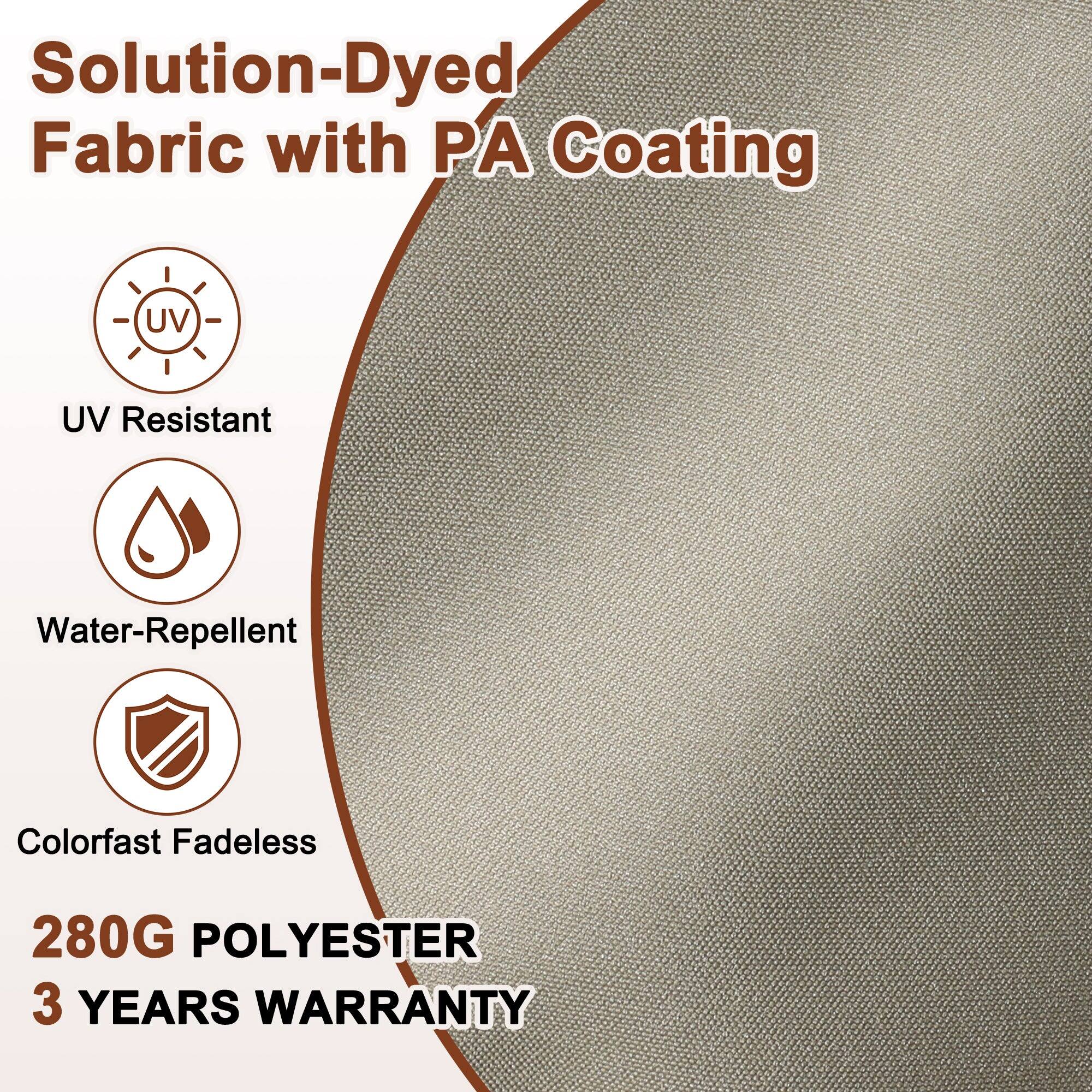 Solution-Dyed Fabric with PA Coating  
UV Resistant  
Water-Repellent  
Colorfast Fadeless  
280G POLYESTER  
3 YEARS WARRANTY