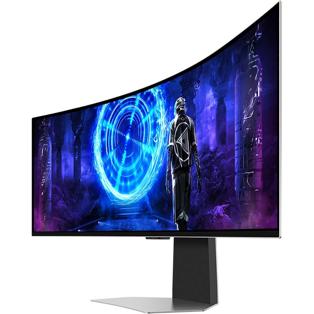 Left. Samsung - 49" Odyssey OLED G9 Curved Dual-QHD 240Hz FreeSync G-Sync Compatible Smart Gaming Monitor + 26-Month Extended Warranty - Silver.
