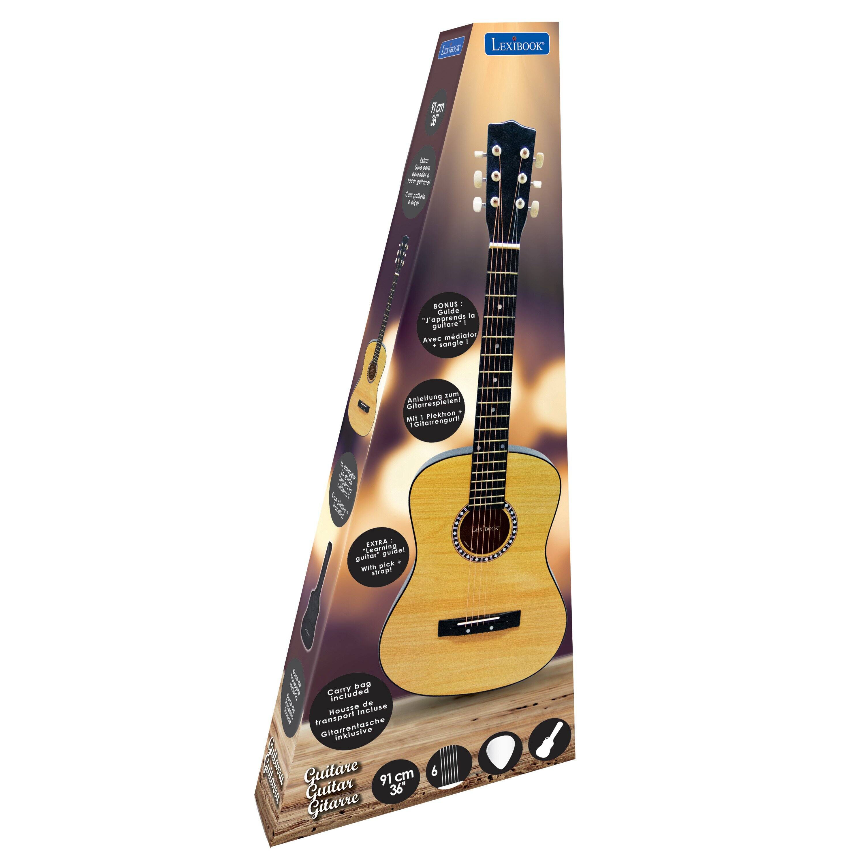 Lexibook fon E - M - A - D - G - E  
BONUS Guide "Je prends 1 guitare avec moi"  
Anleitung musikalische Spielanleitung  
EXTRA Tegning avide!  
Gitarre 91 cm  
Guitar 36"  
Guitare 91 cm  
Guitar Gitarre  
Incluse transport Gitarrentasche intippable
