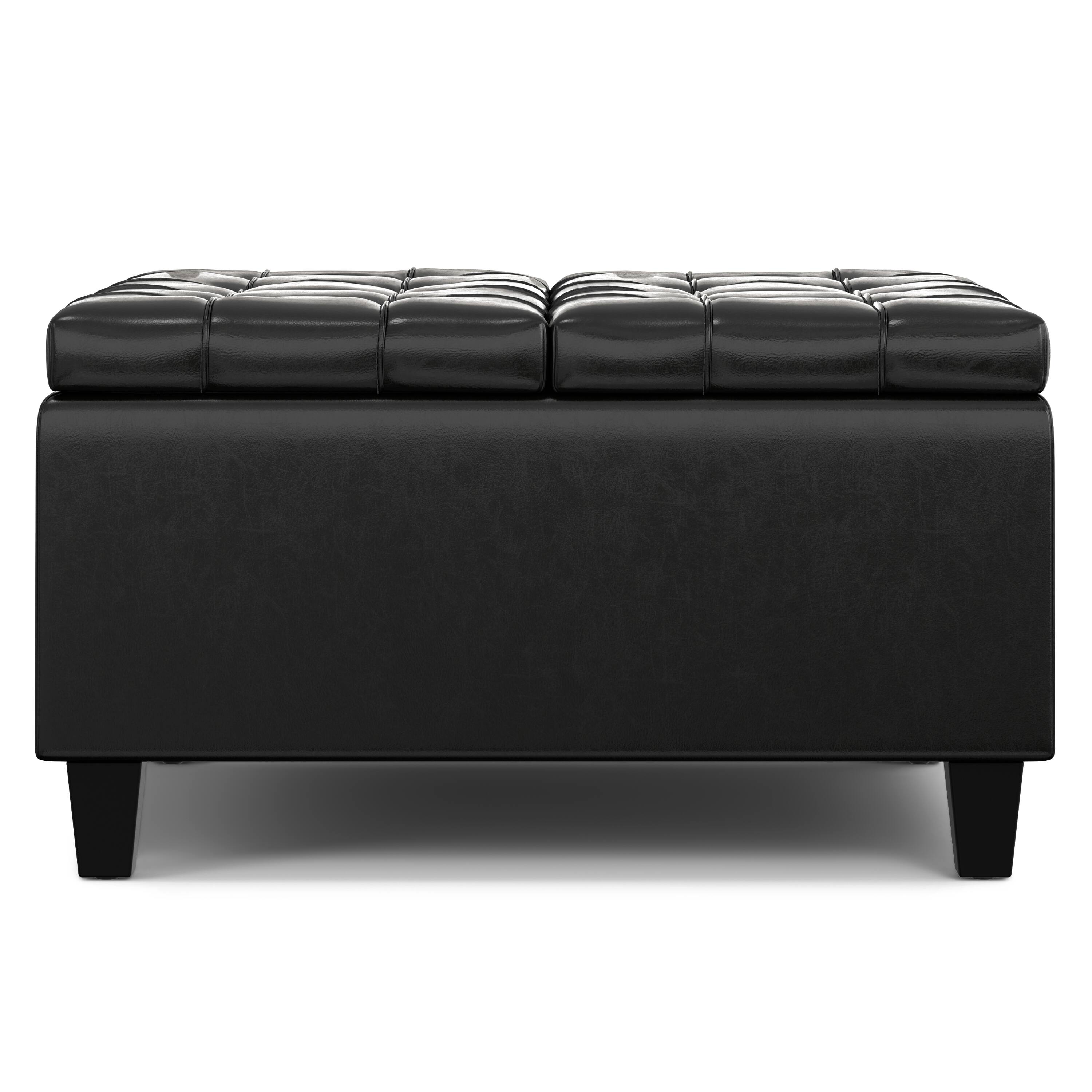 Left. Simpli Home - Harrison 30 inch Wide Small Square Coffee Table Storage Ottoman in Midnight Black Vegan Leather - Midnight Black.