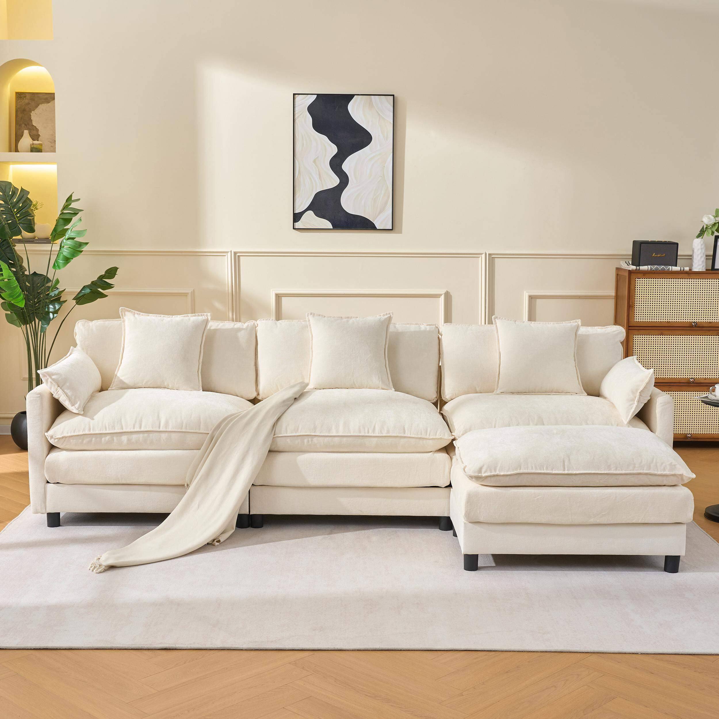 Alt View 1. Roomtec - 108 inch L Shaped Modern Sofa Modular Sectional Cloud Couch with Ottoman 4Seat Chenille Deep Seat Sofa with Pillow for - Beige.