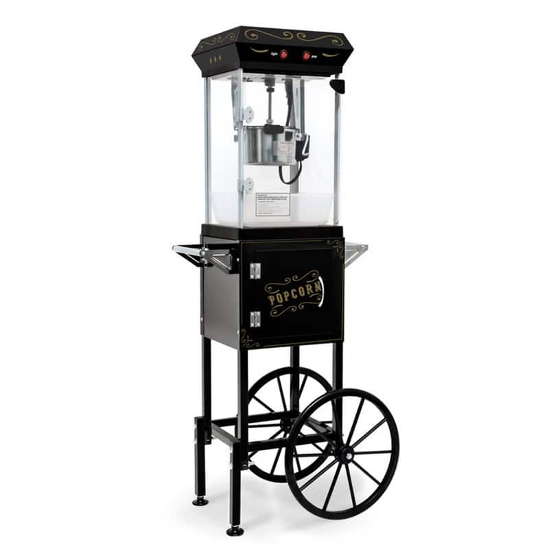 Wikistore - Popcorn Machine with Cart with Wheels 6 Oz Pot Popcorn Maker Stainless Steel Oil Spoon Mobile Cart with Lockers - Black
