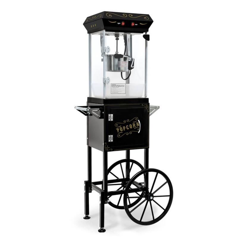 Front. Wikistore - Popcorn Machine with Cart with Wheels 6 Oz Pot Popcorn Maker Stainless Steel Oil Spoon Mobile Cart with Lockers - Black.