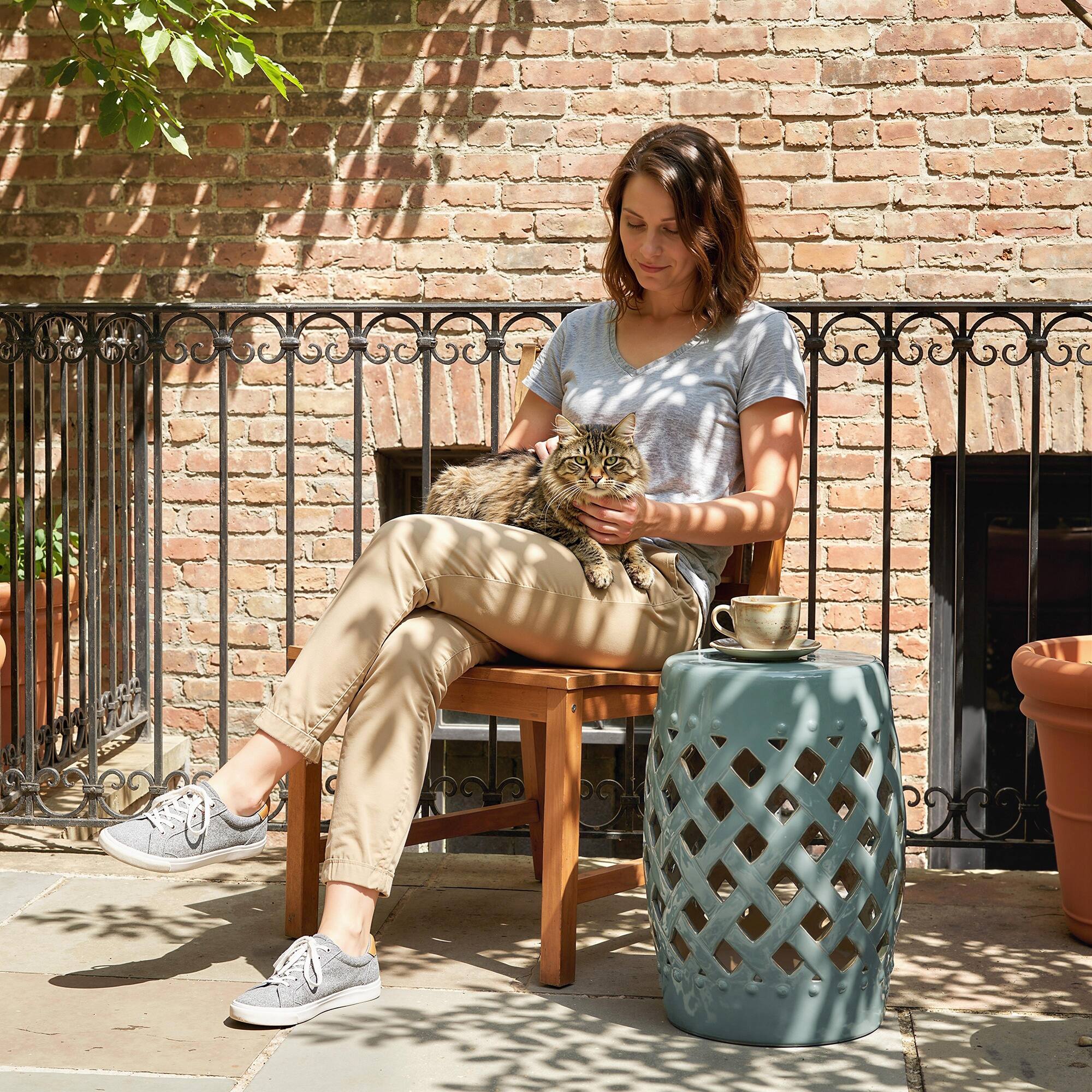 Alt View 8. Outsunny - 13" x 18" Ceramic Garden Stool with Woven Lattice Design & Glazed Strong Materials Decorative Outdoor Stool - Blue.
