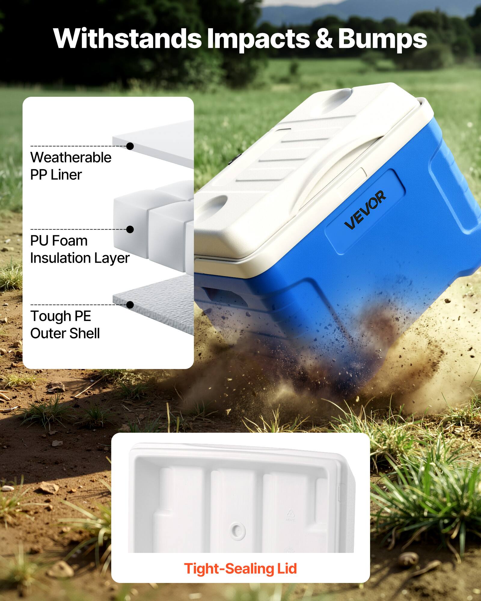 Withstands Impacts & Bumps

- Weatherable PP Liner
- PU Foam Insulation Layer
- Tough PE Outer Shell

Tight-Sealing Lid