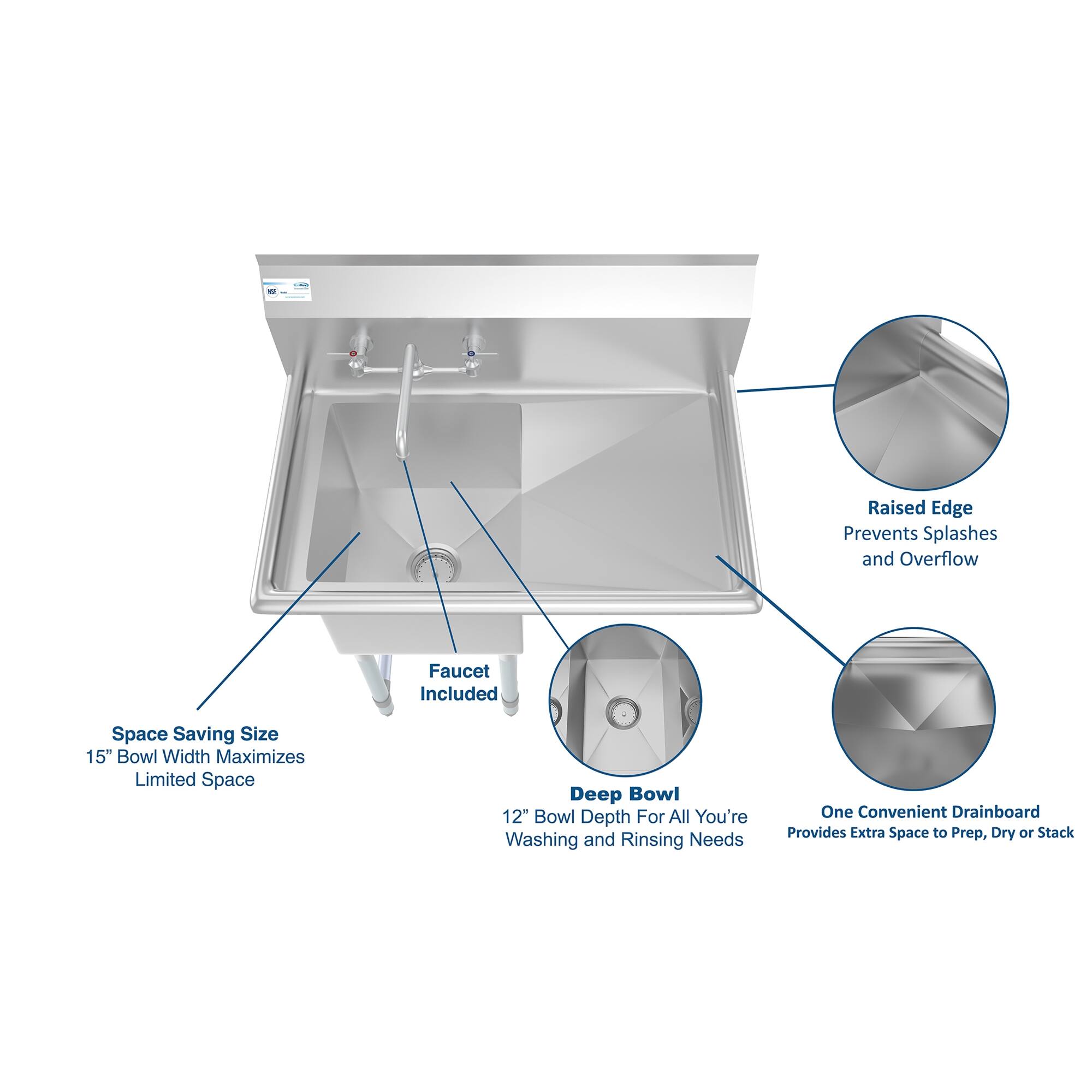 - Raised Edge Prevents Splashes and Overflow
- Faucet Included
- Space Saving Size 15" Bowl Width Maximizes Limited Space
- Deep Bowl 12" Bowl Depth For All You're Washing and Rinsing Needs
- One Convenient Drainboard Provides Extra Space to Prep, Dry or Stack