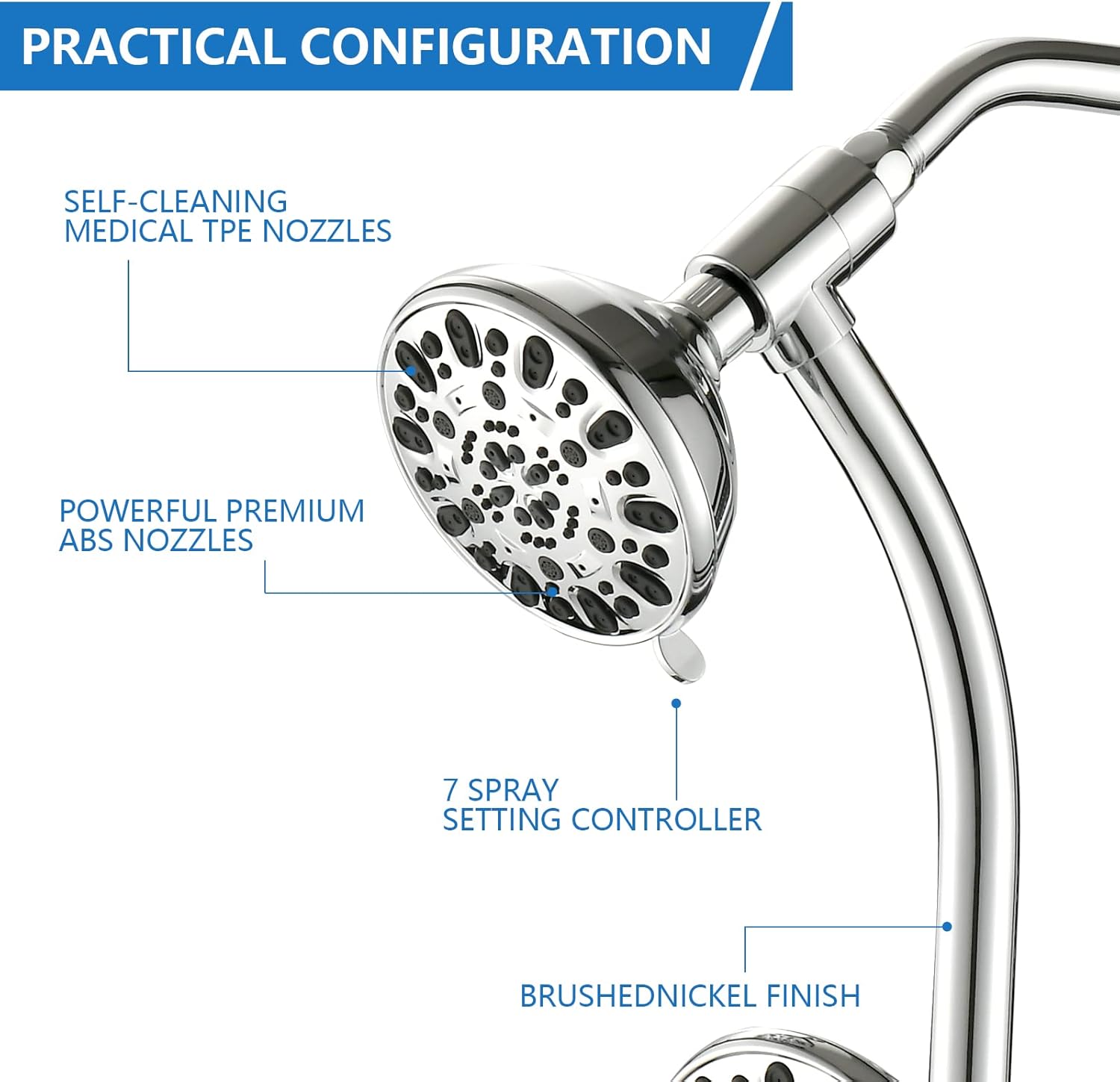 PRACTICAL CONFIGURATION

- SELF-CLEANING MEDICAL TPE NOZZLES
- POWERFUL PREMIUM ABS NOZZLES
- 7 SPRAY SETTING CONTROLLER
- BRUSHED NICKEL FINISH