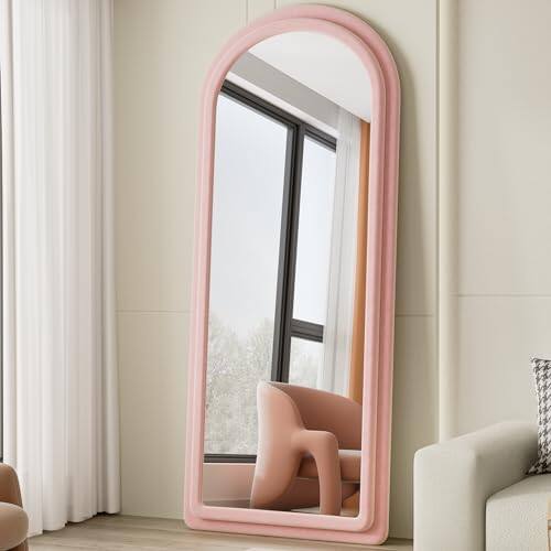 Comfort Essence - Full Length Mirror 63"x24" Wavy Floor Arched Standing Mirrors Cloud Shaped Flannel Wall Dressing Body Han - Arched - Pink