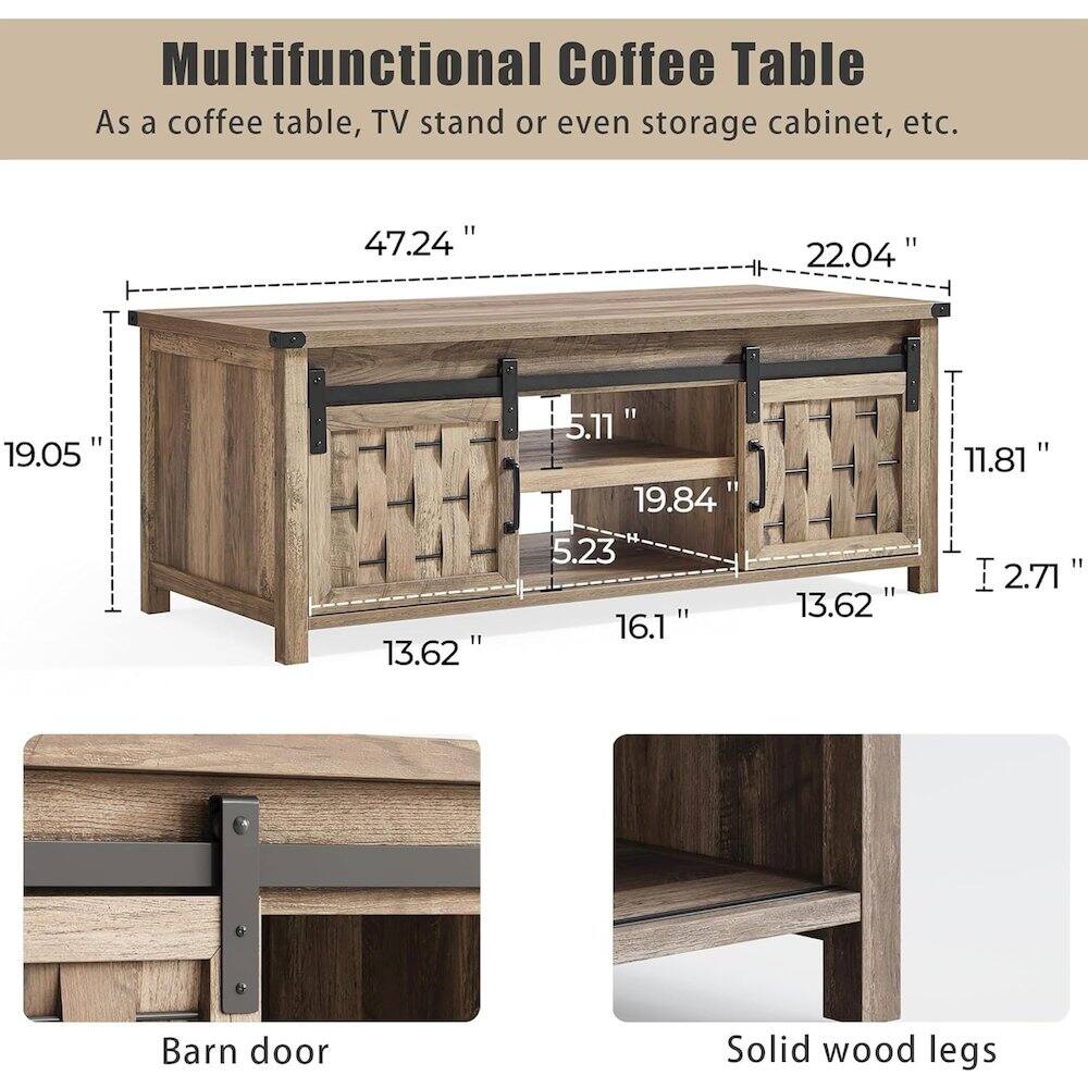Multifunctional Coffee Table
As a coffee table, TV stand or even storage cabinet, etc.

Dimensions:
- Length: 47.24"
- Width: 22.04"
- Height: 19.05"
- Depth: 13.62"
- Drawer Height: 5.11"
- Drawer Width: 19.84"
- Drawer Depth: 5.23"
- Side Panel Height: 11.81"
- Side Panel Width: 16.1"
- Leg Width: 2.71"

Features:
- Barn door
- Solid wood legs