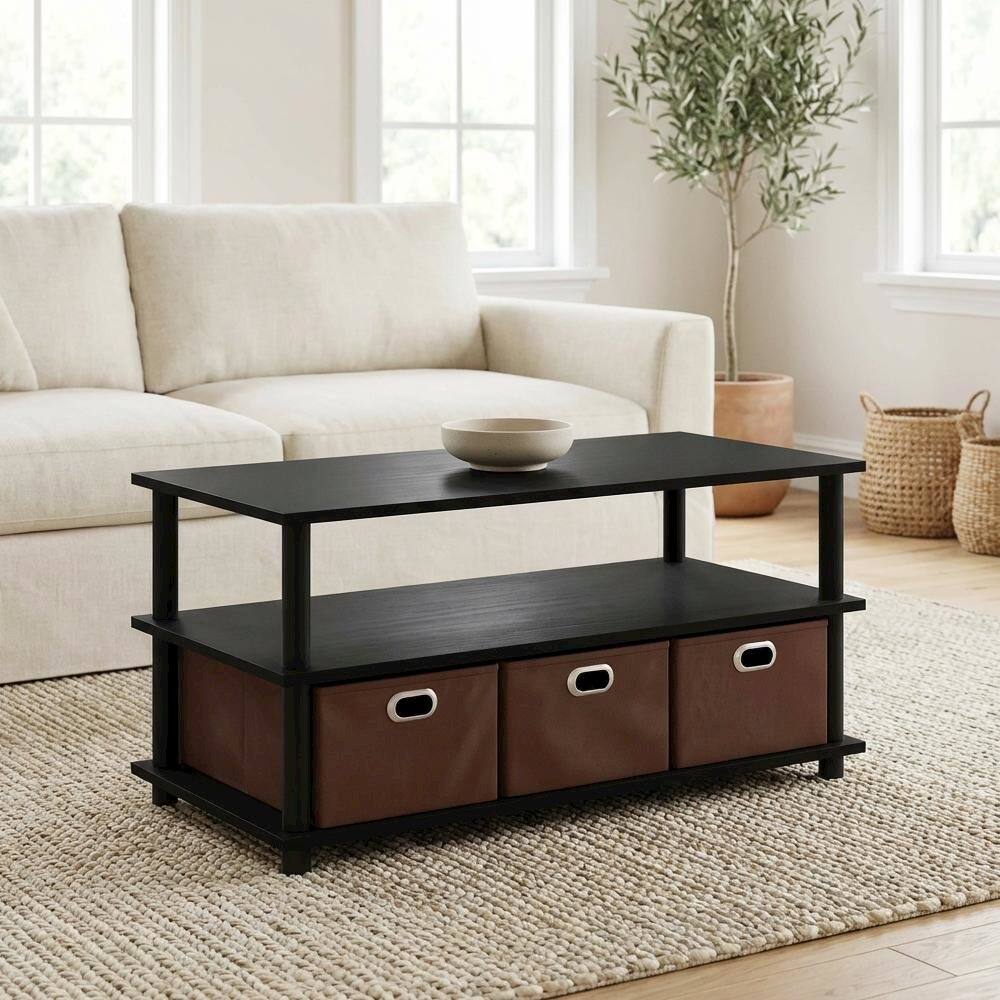 Left. FurniFact - Black Oak Turn-N-Tube Coffee Table with Bin Drawers and Compact Storage - Black Oak.