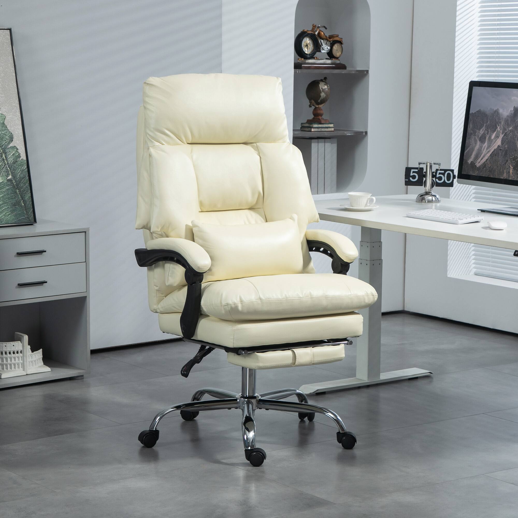 Alt View 1. Homcom - Overstuffed Executive Office Chair, Reclining Desk Chair with Swivel Wheels, Foot Rest, High Back, Thick Padded - Cream White.