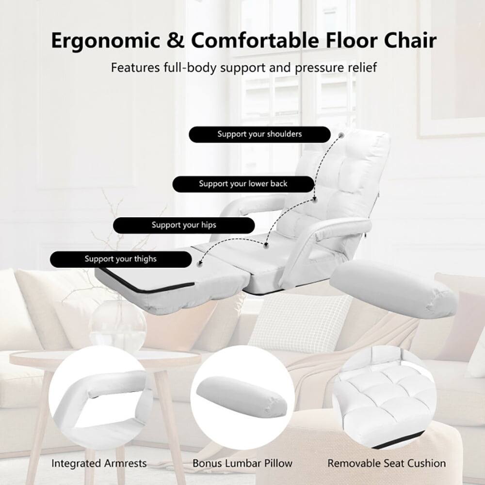 Ergonomic & Comfortable Floor Chair  
Features full-body support and pressure relief  

- Support your shoulders  
- Support your lower back  
- Support your hips  
- Support your thighs  

Integrated Armrests  
Bonus Lumbar Pillow  
Removable Seat Cushion
