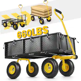GVDV - Heavy Duty Steel Garden Cart with Liner, 40x 20in, 660lbs Capacity, 10in Wheels, Utility Cart Outdoor - Black & Yellow
