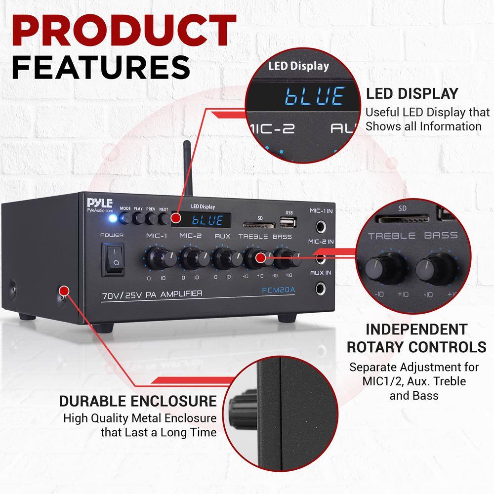 **PRODUCT FEATURES**

- **LED DISPLAY**
  - Useful LED Display that Shows all Information

- **DURABLE ENCLOSURE**
  - High Quality Metal Enclosure that Last a Long Time

- **INDEPENDENT ROTARY CONTROLS**
  - Separate Adjustment for MIC1/2, Aux. Treble and Bass