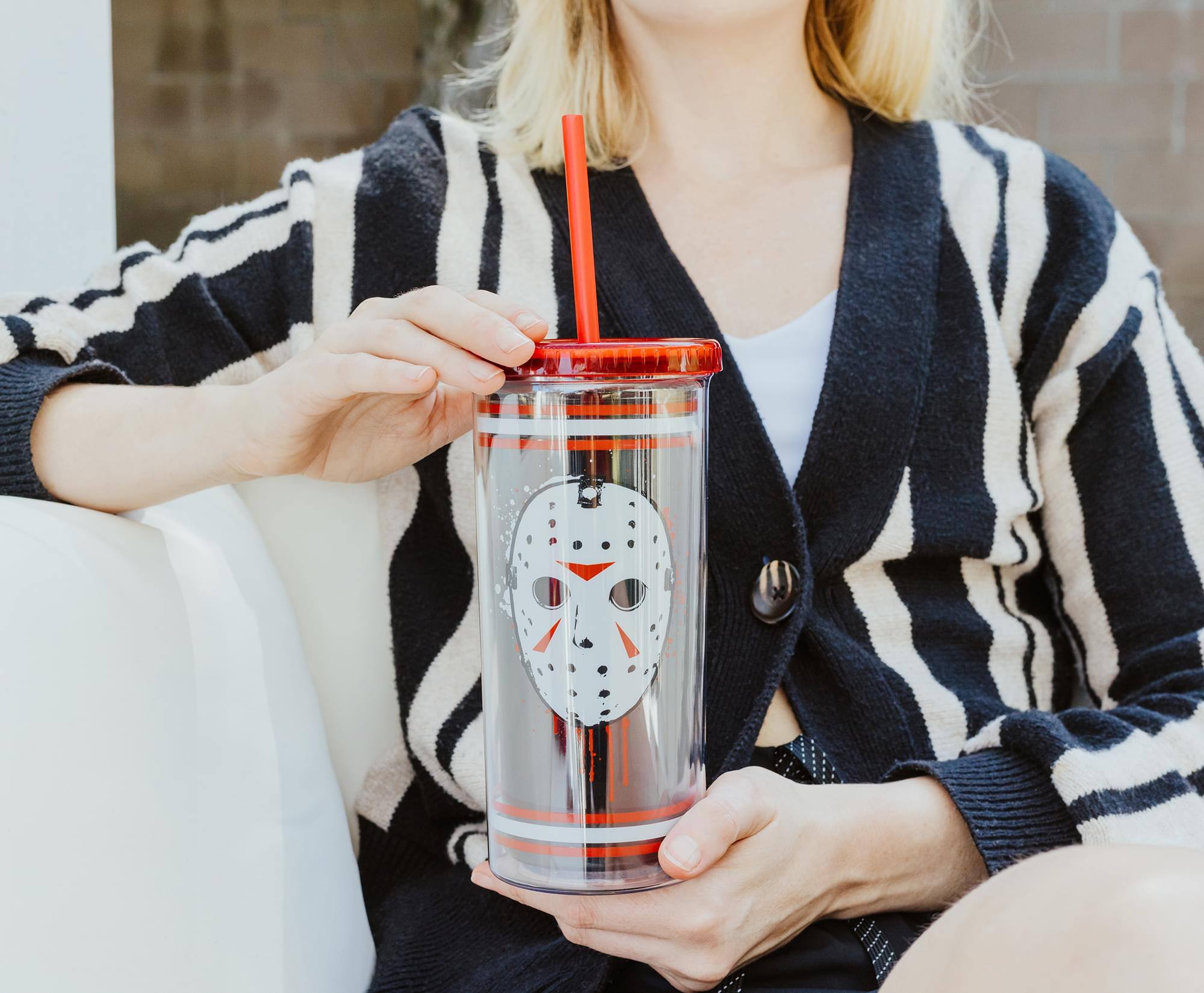 Alt View 2. Silver Buffalo - Friday The 13th Jason Mask Carnival Cup With Lid and Straw | Holds 20 Ounces - Black.