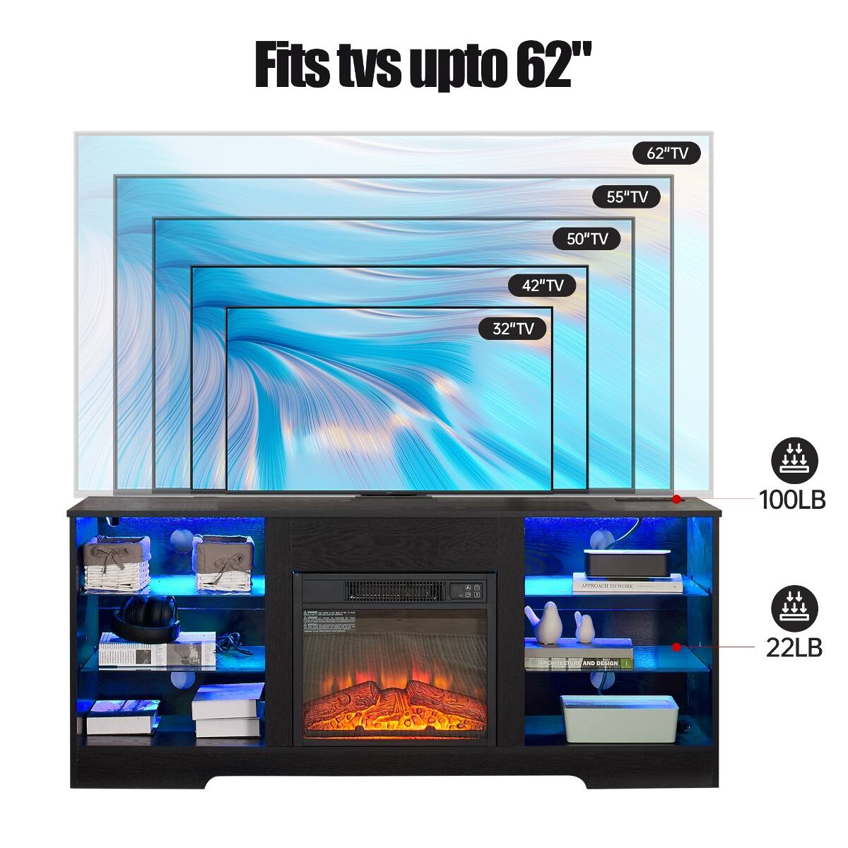 Fits TVs up to 62"

62" TV
55" TV
50" TV
42" TV
32" TV

100LB
22LB