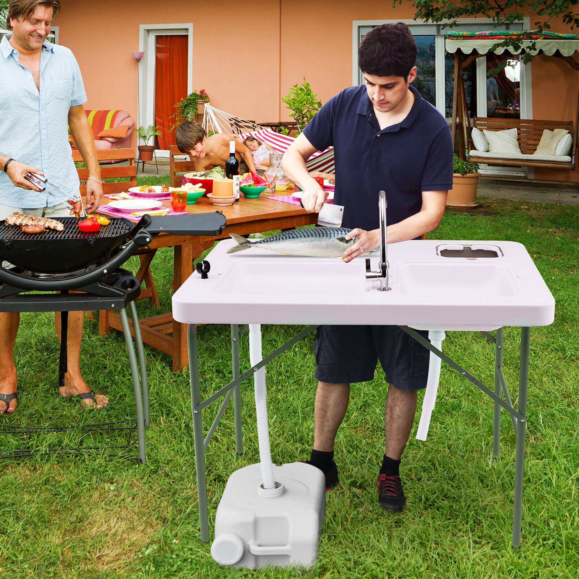 Alt View 2. Gymax - Gymax Folding Fish Cleaning Table w/ 2 Built-in Sinks & 360° Rotatable Faucet - White.