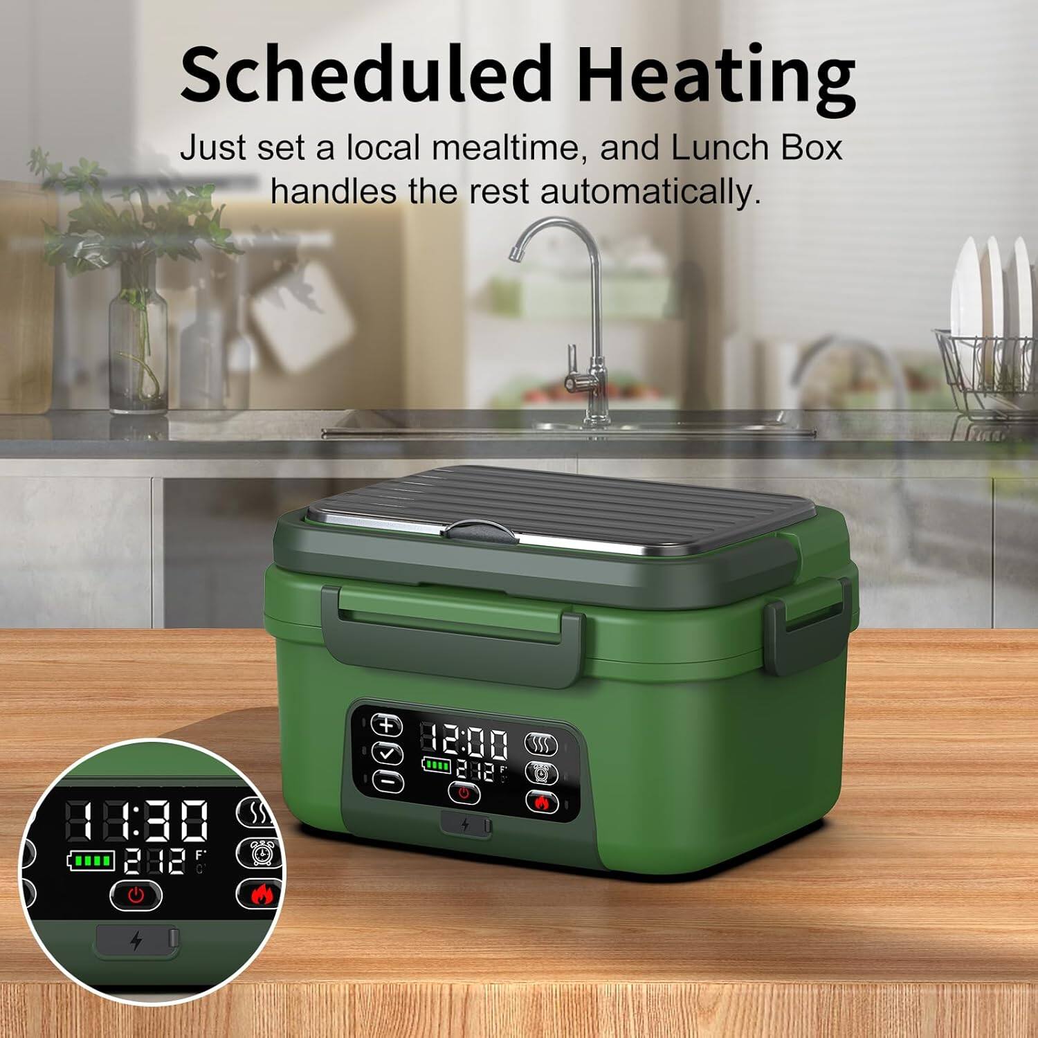 Scheduled Heating  
Just set a local mealtime, and Lunch Box handles the rest automatically.  

88:88 SS .... 2820 + 12:00 SSS ... 202 2