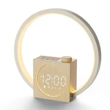 Front. Dazzed Corner - Sunrise Alarm Clock with 12 Light Colors, White Noise Machine - Light Wood.