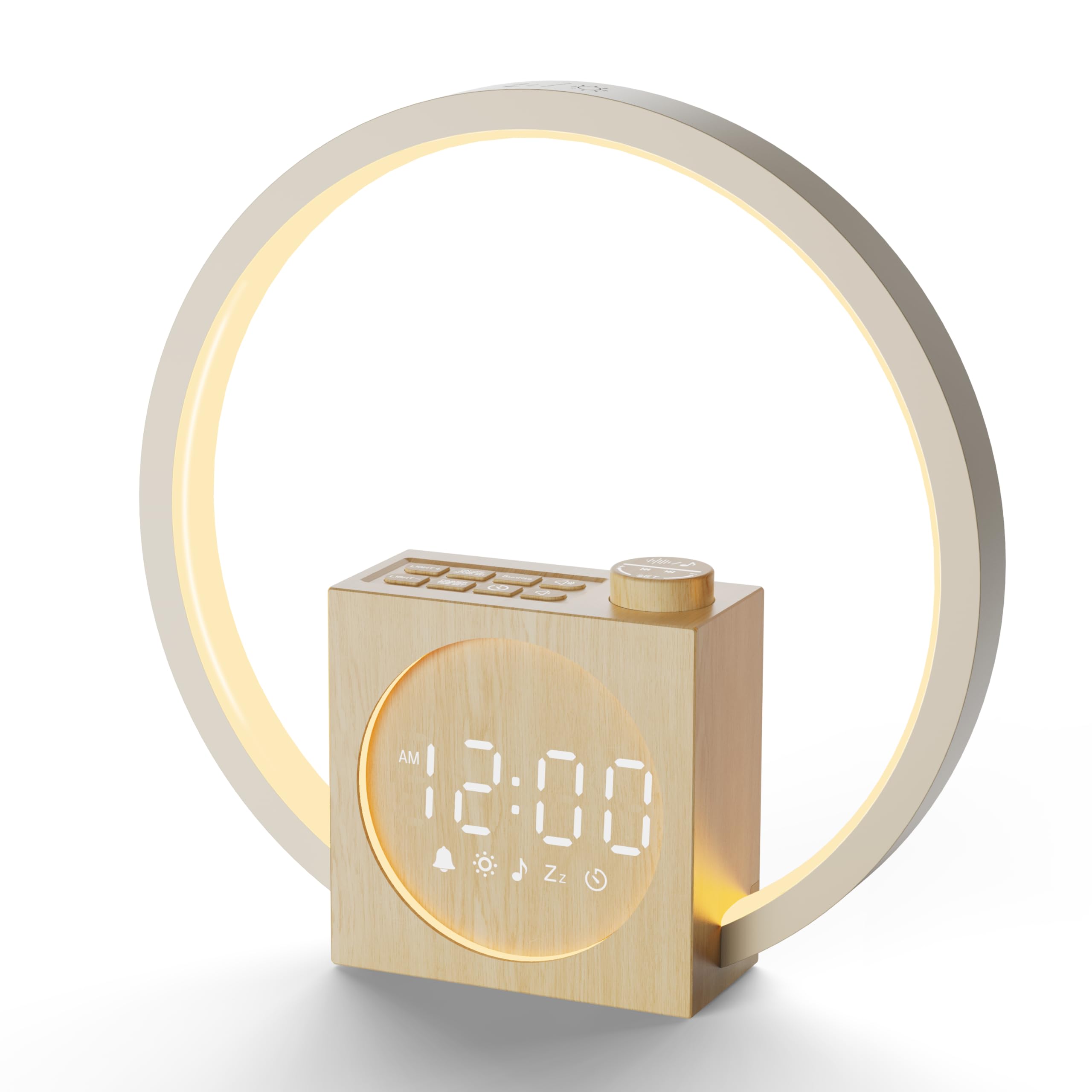 Front. Dazzed Corner - Sunrise Alarm Clock with 12 Light Colors, White Noise Machine - Light Wood.