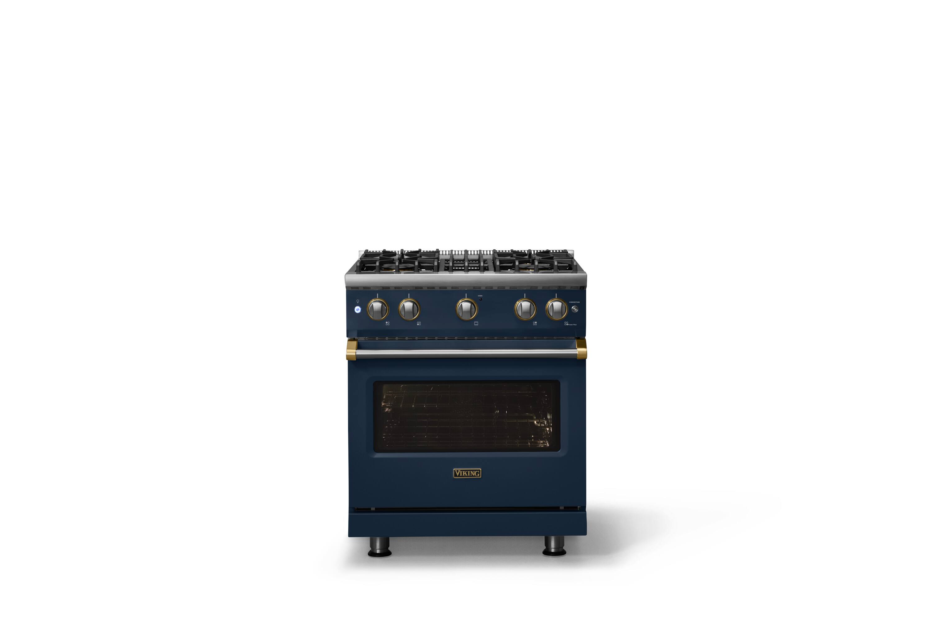 Alt View 1. Viking - Pro 5 Series 4.0 Cu. Ft. Freestanding Sealed 4 Burner Gas Convection Range - Damascus Gray w. Brushed Brass Trim - Slate Blue.