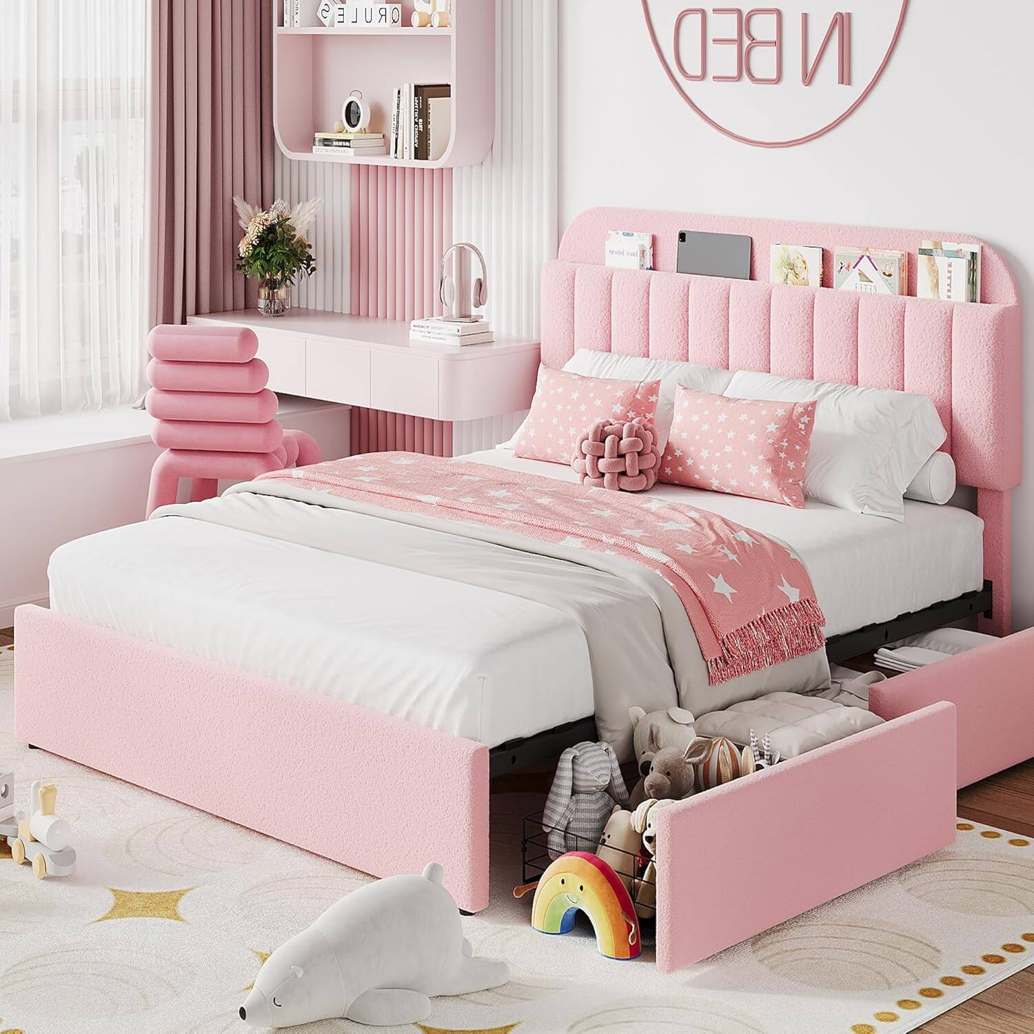 Jojoka - Pink Queen Bed Frame with Storage Headboard & 2 Drawers, Boucle Upholstered Platform, Bookcase, No Box Spring - Pink