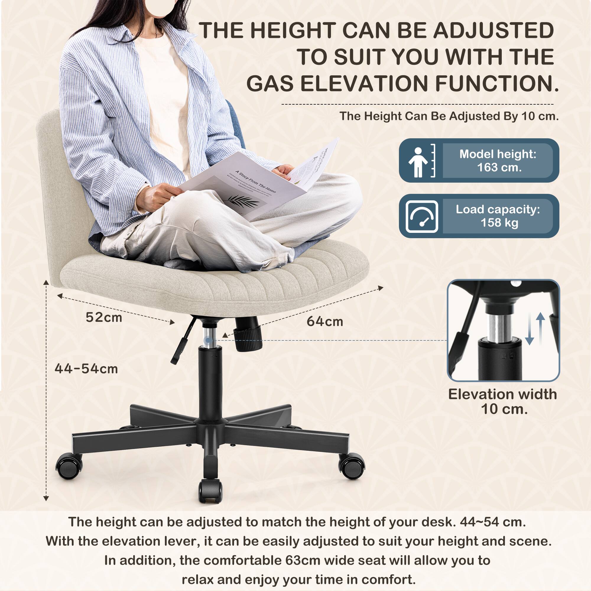 KERDOM Armless Office Chair with Wheels, Ergonomic Wide Seat