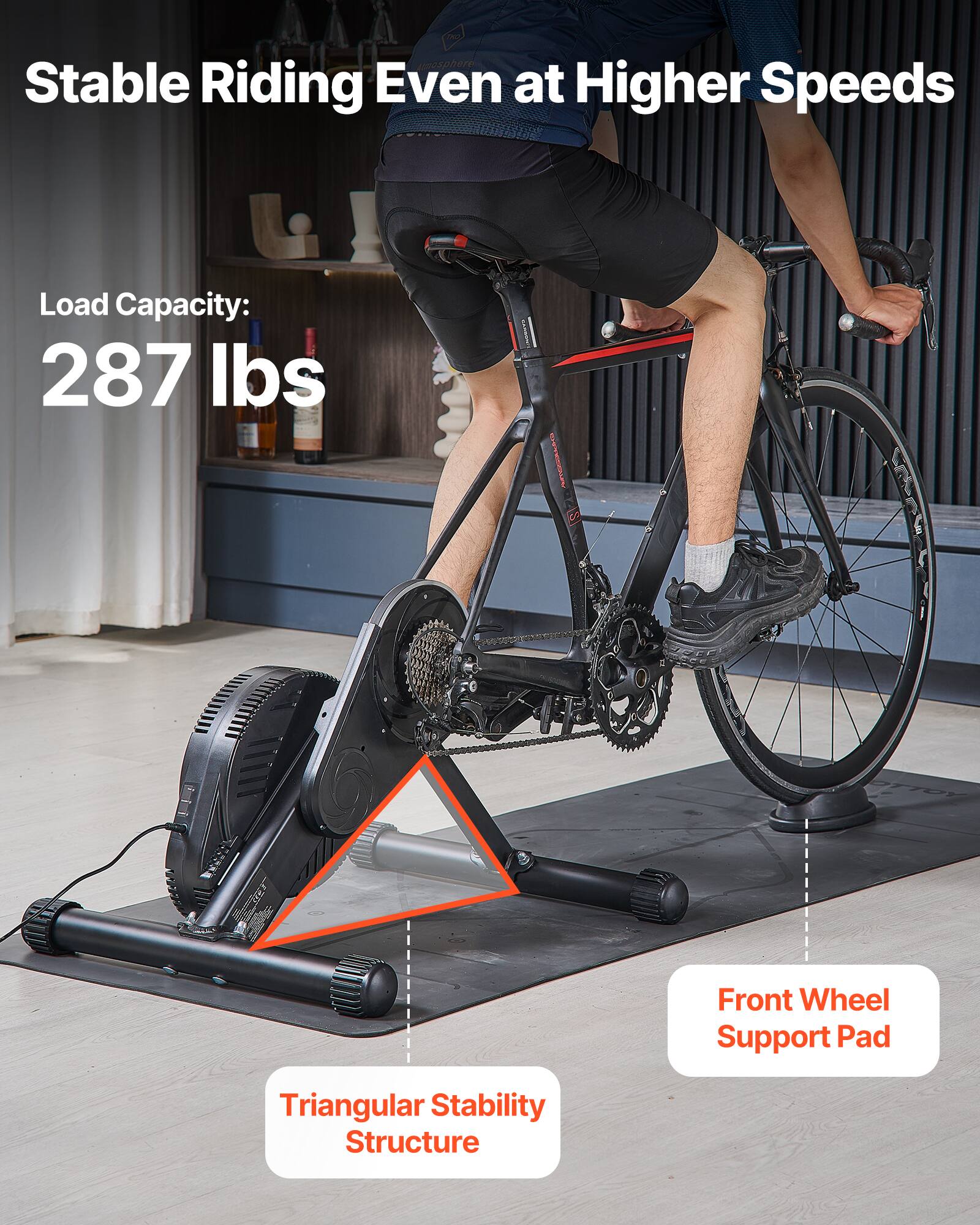 Stable Riding Even at Higher Speeds  
Load Capacity: 287 lbs  
Front Wheel Support Pad  
Triangular Stability Structure