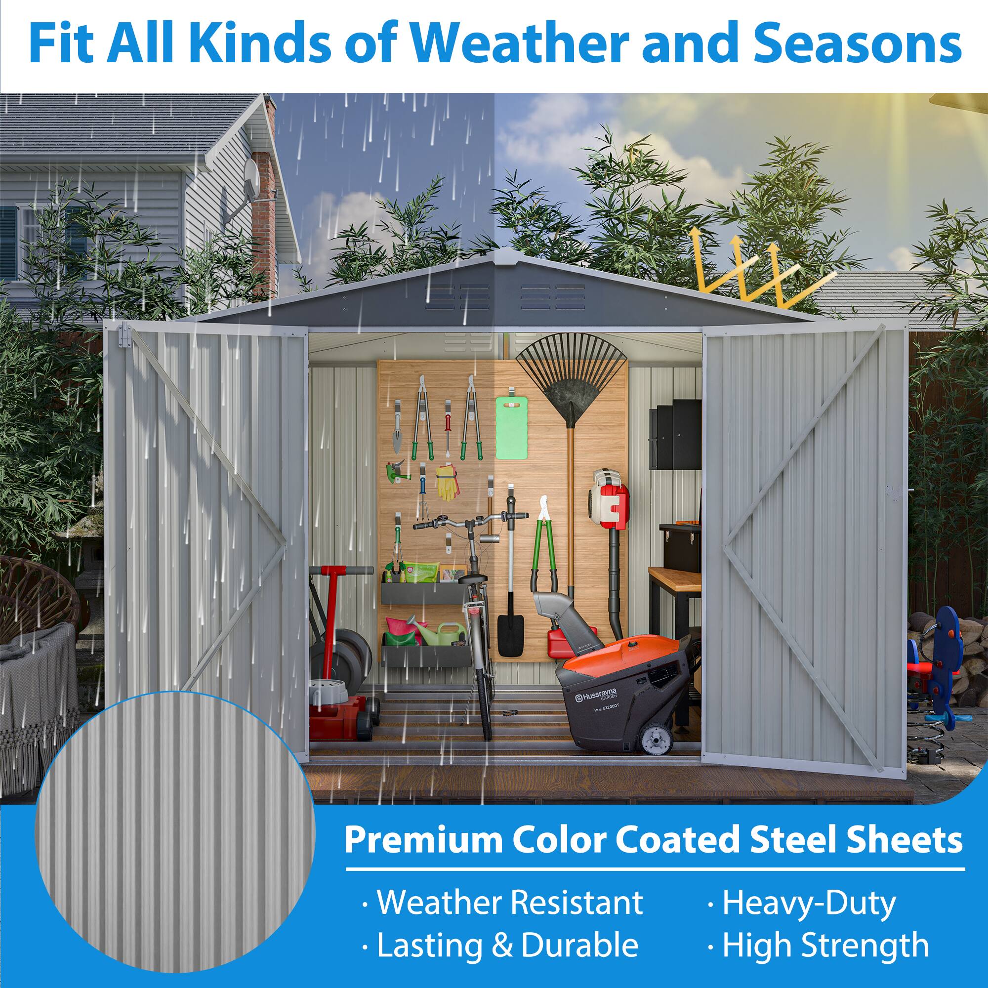 Fit All Kinds of Weather and Seasons

Premium Color Coated Steel Sheets
- Weather Resistant
- Lasting & Durable
- Heavy-Duty
- High Strength