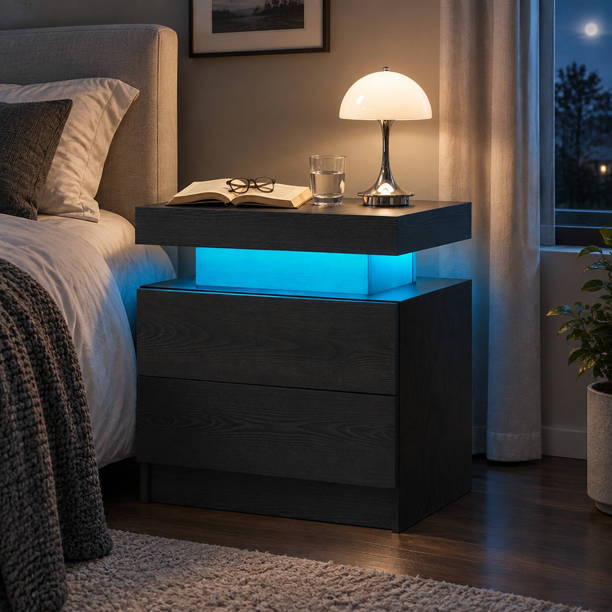 Back. RYHNUYNE - LED Nightstand with 2 Drawers, Black Woodgrain Bedside Table, Modern End Side Table for Bedroom - Black Woodgrain.