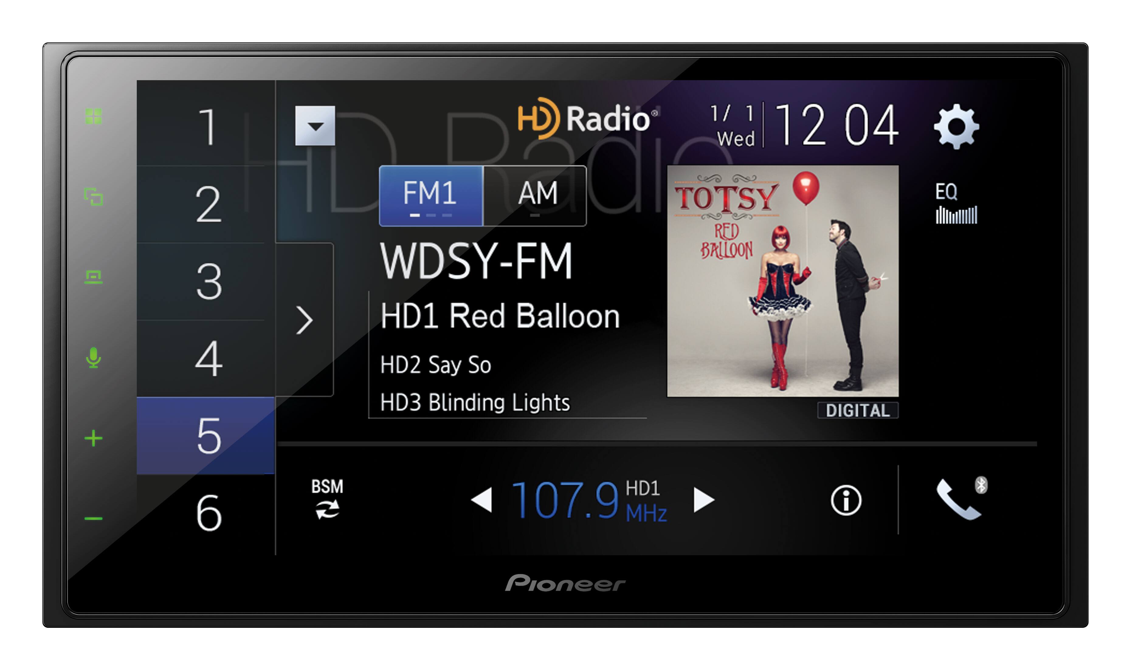 HD Radio  
1/1  
Wed 12:04  

FM1  
WDSY-FM  
HD1 Red Balloon  
HD2 Say So  
HD3 Blinding Lights  

107.9 MHz  
HD1  

BSM  

EQ  
Pioneer